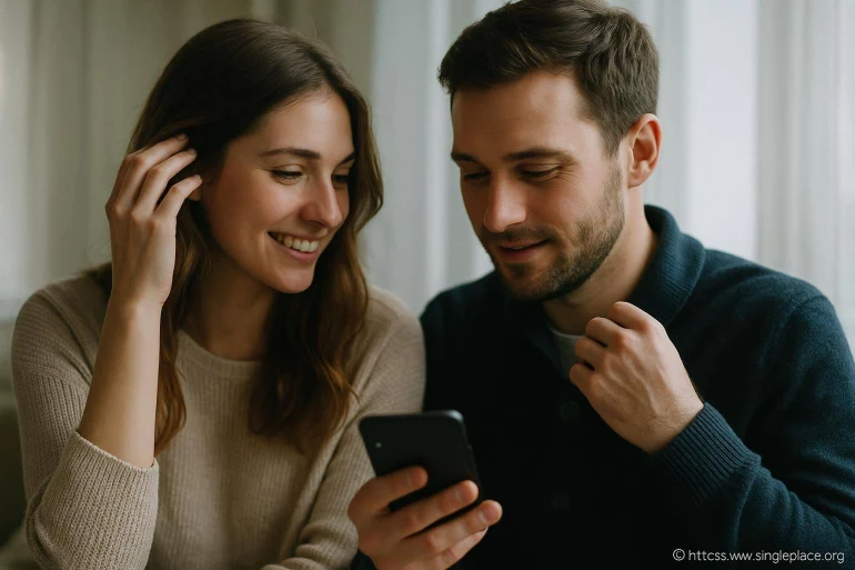 Couple souriant regardant un smartphone