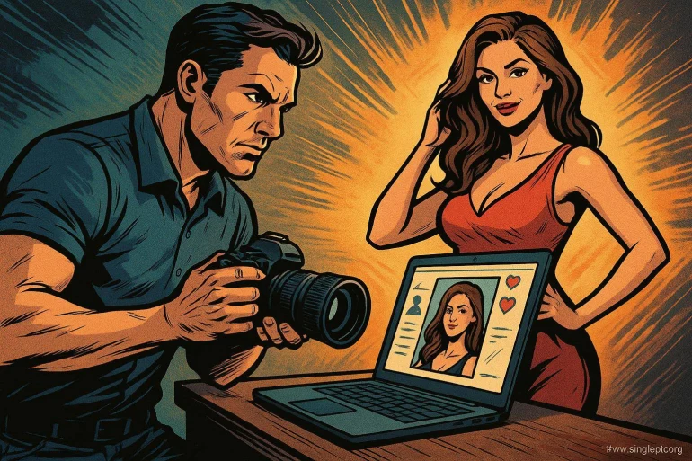 Homme photographiant femme devant ordinateur