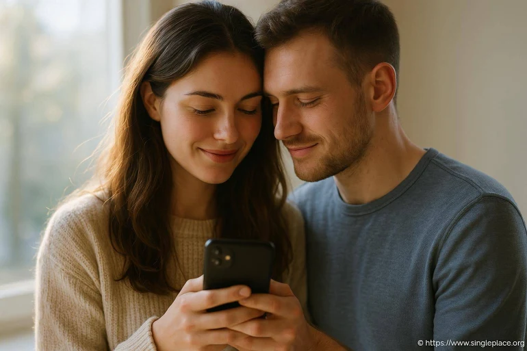 Couple souriant regardant un smartphone