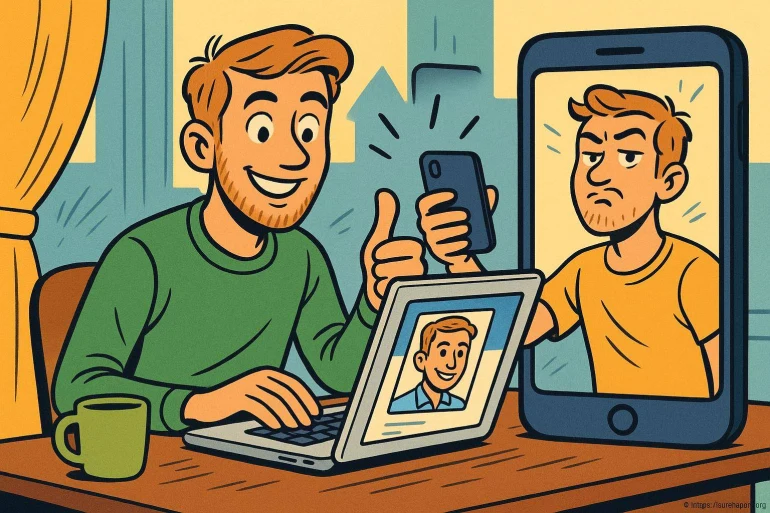 Homme souriant utilisant plusieurs écrans numériques