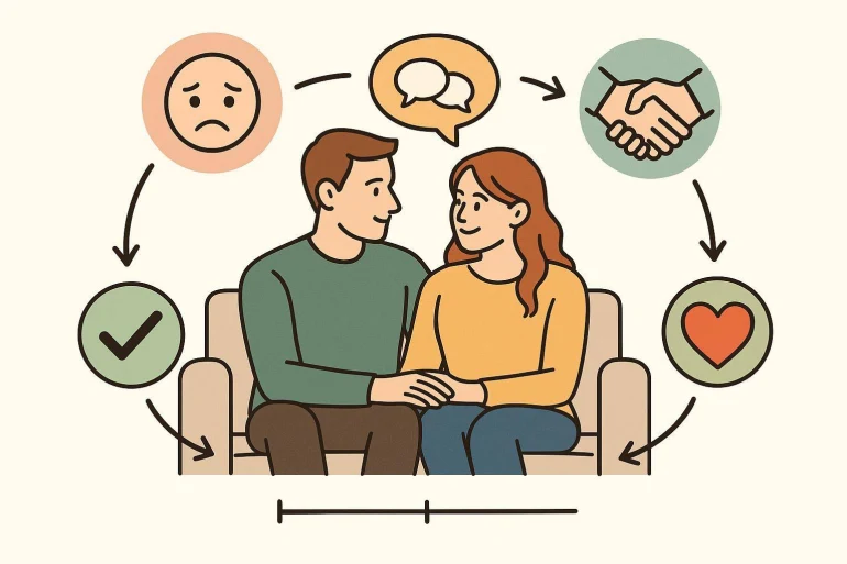Couple discutant avec icĂŽnes relationnelles