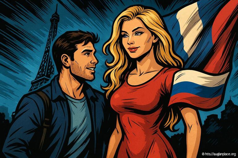 Couple devant la Tour Eiffel avec drapeau français