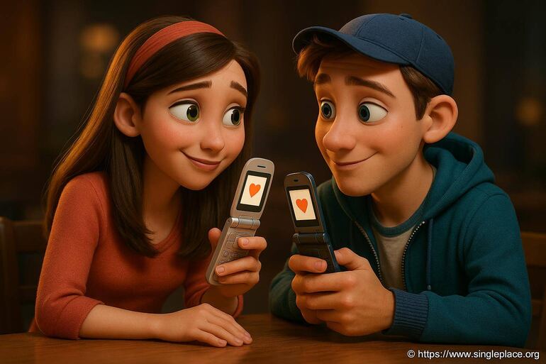 Jeune couple échangeant des téléphones à clapet