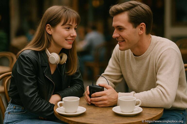 Jeune couple discutant en café avec radio